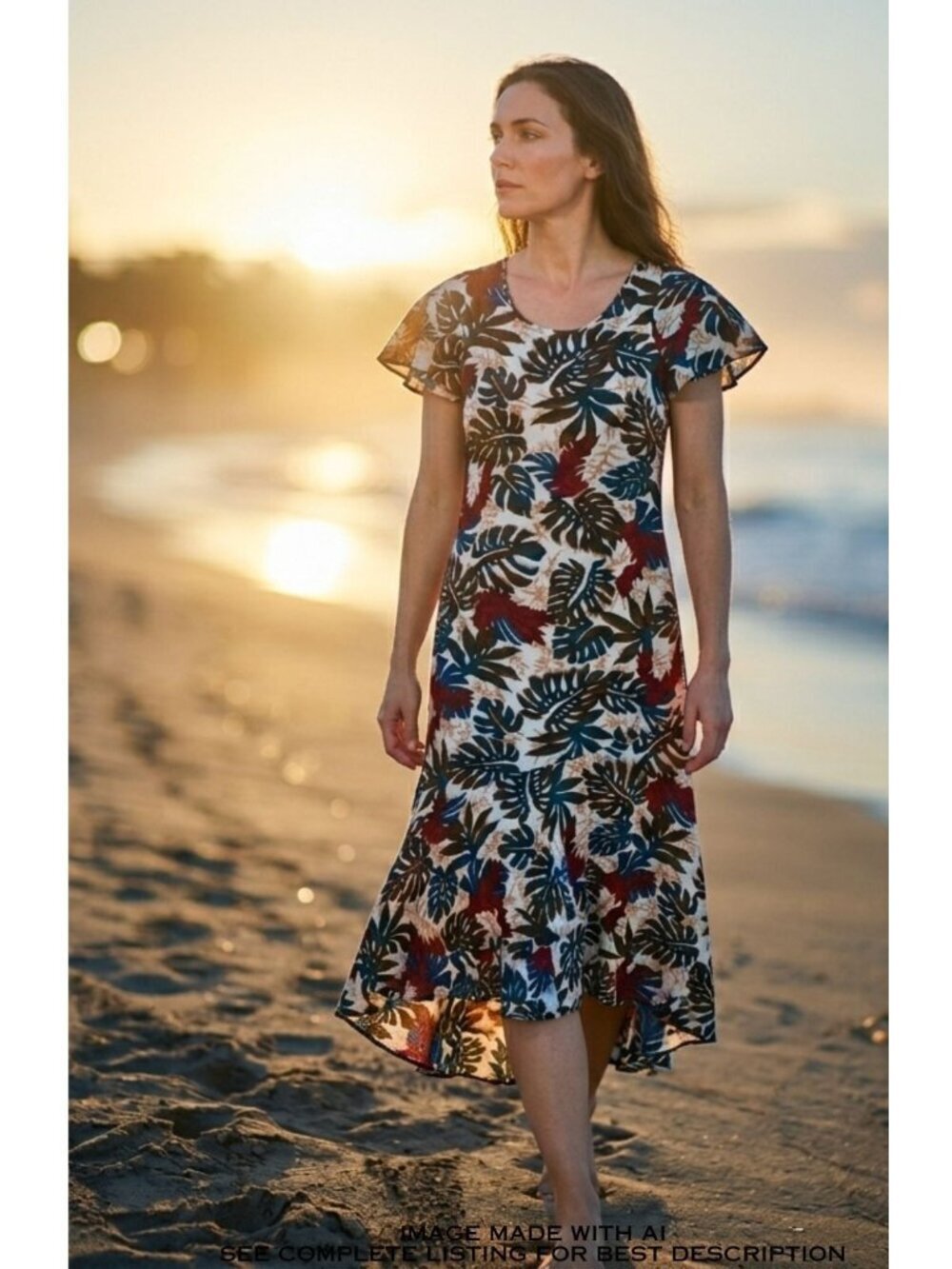 VTG 90s Hilo Hattie Hawaiian Muumuu S Maxi Flutter Sleeves Asymmetric Ruffle
